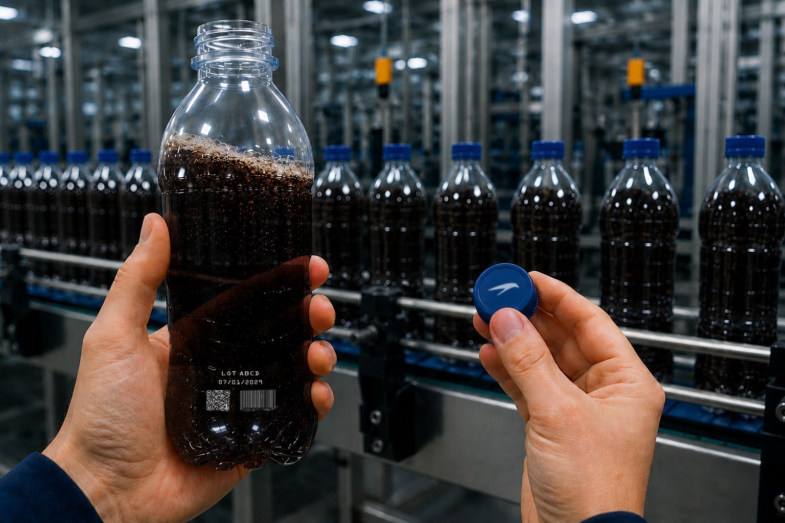 A person holds a PET bottle and plastic cap with laser markings from the Filtec Lasetec 5