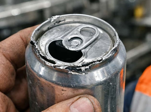 A beverage can with damage to the flange