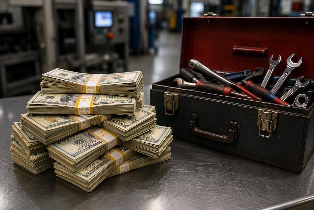 A pile of money next to a tool box, illustrating the cost of ongoing repairs vs. modernization