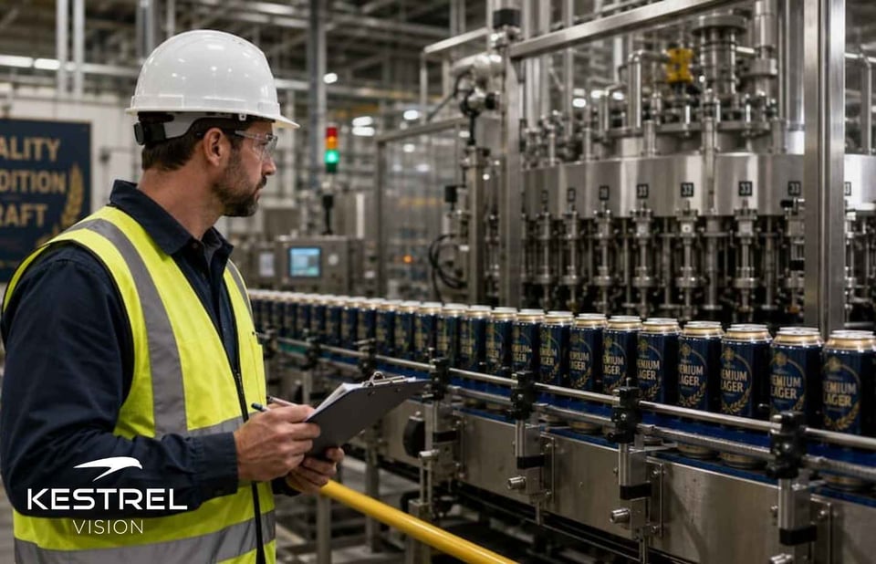A line operator manually inspects beer cans on filling line.