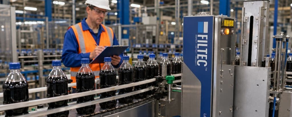 A man works on a beverage filling line with a Filtec Lasetec 5 system