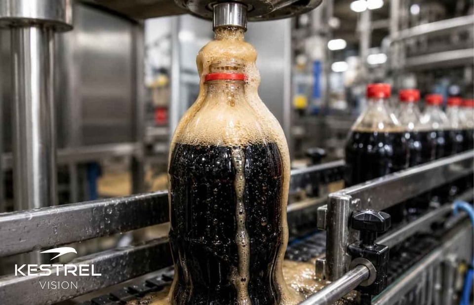 A soda bottle on a filling line overflowing with product.
