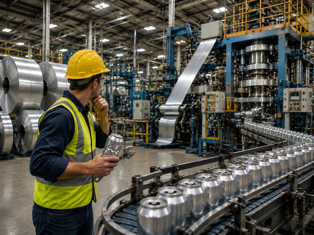 A worker on a beverage can production line looks for the source of a damaged can